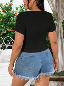 Easura Plus Size Nữ Mùa Hè Màu Trơn Cổ Tròn Tay Ngắn Rỗng Ra Lượn Sóng Slim Fit Áo Thun - màu đen - Xem 2