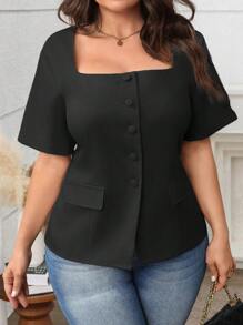SHEIN Clasi Plus Size Women's French Elegant Commuter Trapezoid Square Neck Button Front Pocket Short Sleeve Blouse, Spring/Summer - Black - View 1