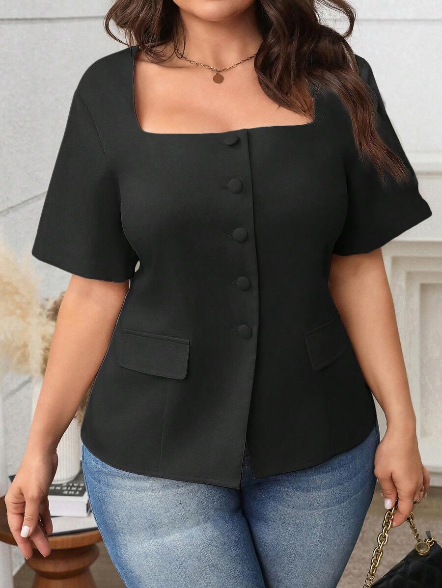 SHEIN Clasi Plus Size Women's French Elegant Commuter Trapezoid Square Neck Button Front Pocket Short Sleeve Blouse, Spring/Summer - Black - View 1