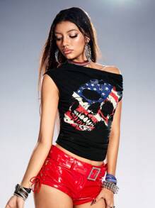 ROMWE Avant Camiseta sexy asimétrica con estampado de calavera para el Día de la Independencia, festival de música retro Y2K para mujeres