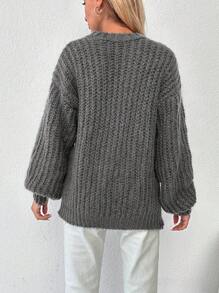 EURMUSE Women's Solid Color Lantern Sleeve Sweater - Brown - View 2