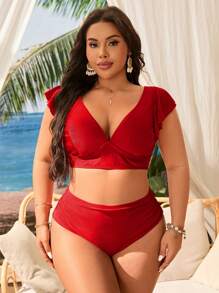 Swim Lushoire Plus Size Women 2pcs Solid V-Neck Ruffle Split Vacation Swimwear Set, Minimalist & Stylish - Red - View 4
