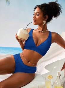 Swim Vcay Women's V-Neck Tank Top & Textured Striped Bikini Set For Summer Beach Vacation - Royal Blue - View 5