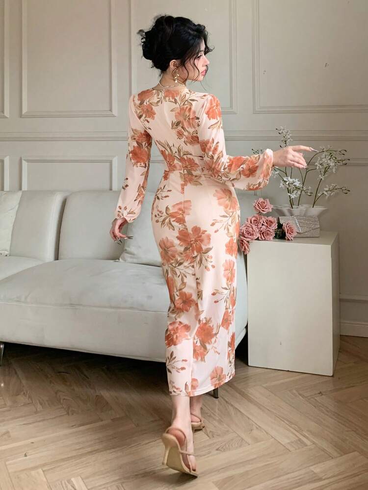 Fall New Plant Print Elegant Long Dress, Spring Style First Date Outfit For Women Floral Elegant Long Sleeve Dress