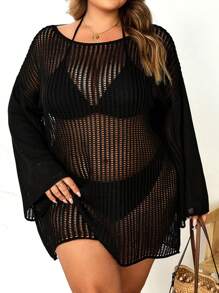 SHEIN CURVE+ Plus Size Women's Summer Beach Hollow Transparent Top (Bikini Set Not Included) Boho Vacation - Black - View 5