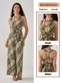Florisole Women's Boho Vacation Sleeveless V-Neck Jumpsuit Pants