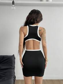 Coolane 女士休闲拼色镂空修身无袖连衣裙（带边） - 黑色 - 查看 5