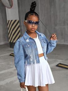 SHEIN Tween Girl' Denim Jacket And Outerwear - Light Wash - View 4