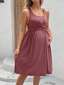 SHEIN Vestido Casual Sem Mangas de Cor Sólida para Gestantes, Vestido de Maternidade para Férias - Marsala - Visão 3