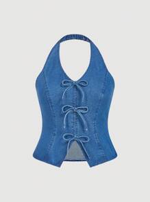 SHEIN MOD Plus Size Denim Blue Top  Sexy Halter Neck Bow Vest Top Summer Denim Tops