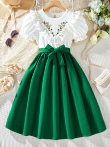 SHEIN Tween Girls Floral Print Puff Sleeve Tied Waist Elegant Dress - Green - View 1