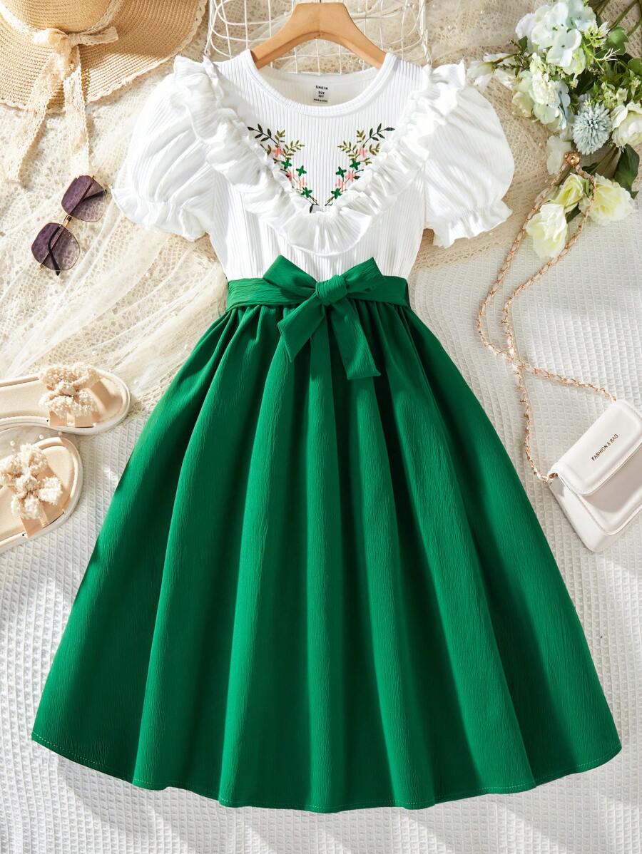 SHEIN Tween Girls Floral Print Puff Sleeve Tied Waist Elegant Dress - Green - View 1