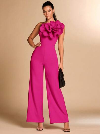 Asymmetric Shoulder Red Jumpsuit With 3D Floral Decor, Elegant & Slim Fit, Suitable For Cocktail Parties, Romantic Dates, Layering In Autumn/Winter, Parties, Formal Events, Halloween, Christmas