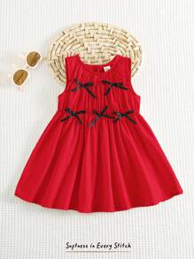 Cozy Pixies Young Girl Color Blocked Bow Decor Round Neck Waist Fitted Sleeveless Dress - Red - View 3