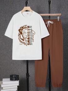 SHEIN 2 件套青少年男孩字母和狮子图案短袖 T 恤和抽绳腰裤套装，春季服装；青少年男孩服装；青少年男孩夹克，春季开学 - 棕色 - 查看 1