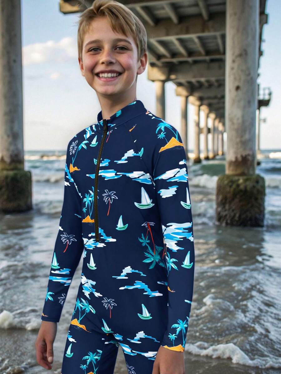 SHEIN Tween Boys Full Print Snug Fit One-Piece Knitted Swimsuit, Casual - Navy Blue - View 1