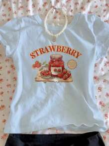 SHEIN Qutie Women's Strawberry Jam Print Crew Neck Short Sleeve T-Shirt - Baby Blue - View 1