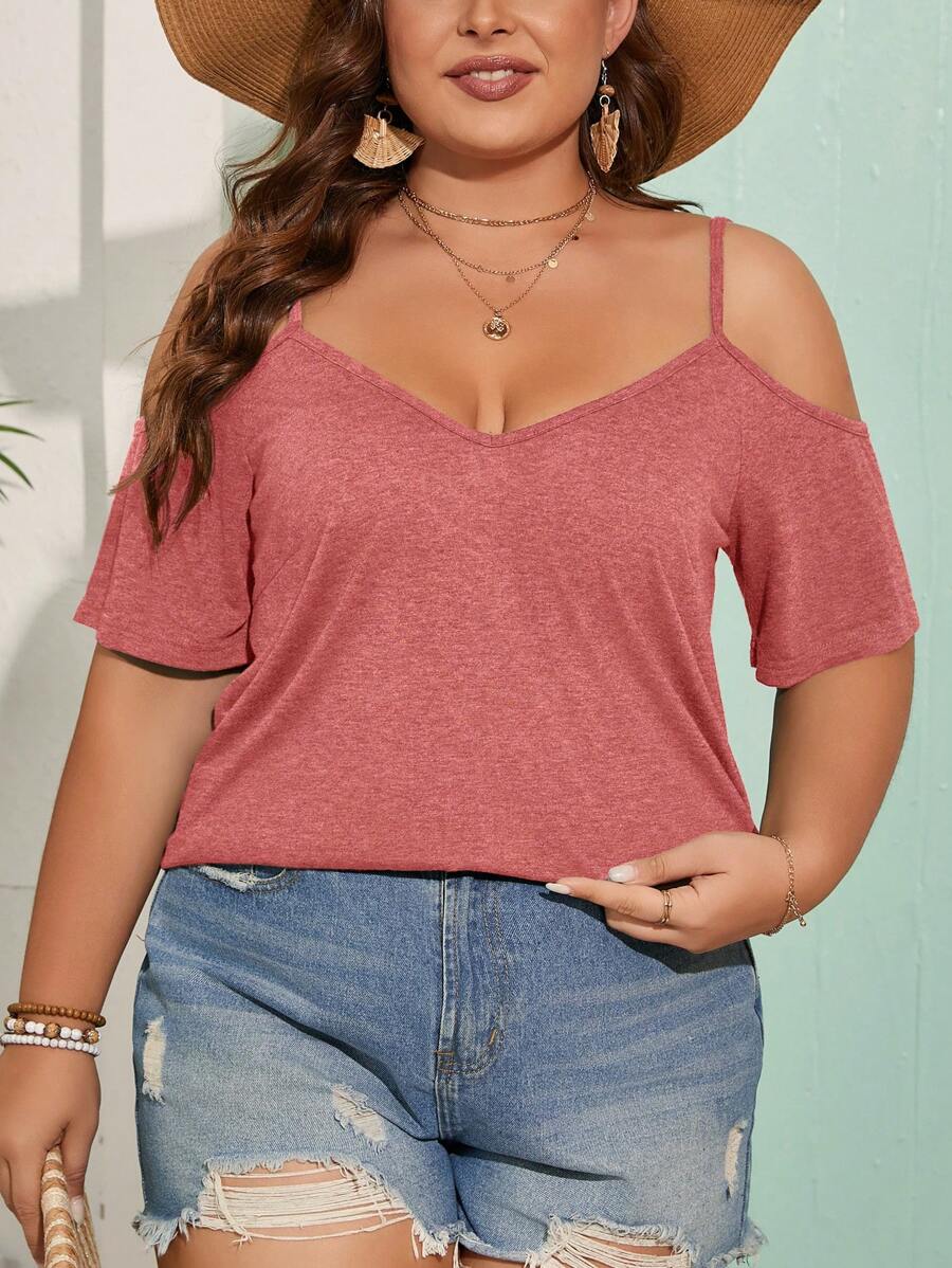 SHEIN Frenchy 大码橄榄绿色露肩领口休闲夏季 T 恤乡村音乐会上衣