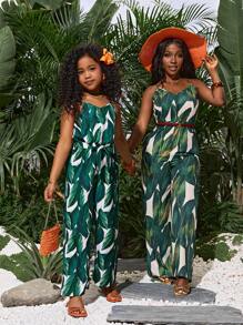 SHEIN VCAY Tropical Print Wide Leg Cami One Piece Spring Jumpsuit Without Belt Mommy And Me Matching Outfits(2pieces Are Sold Separately) - Green - View 1