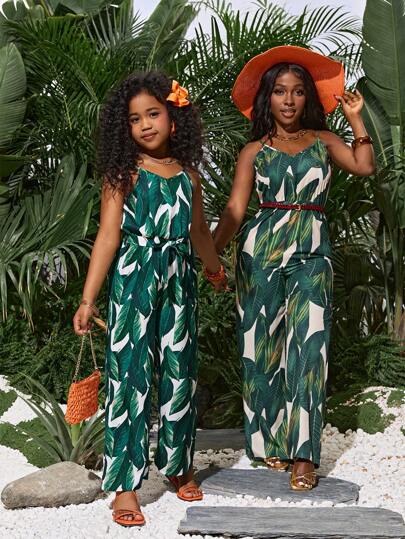 SHEIN VCAY Tropical Print Wide Leg Cami One Piece Spring Jumpsuit Without Belt Mommy And Me Matching Outfits(2pieces Are Sold Separately)
