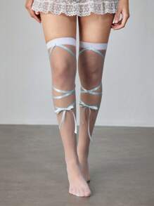 ROMWE Kawaii 1 Pair Women's Delicate White Sheer Thigh High Socks With Blue Ribbon Ties, All Season - White - View 3