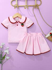 SHEIN 女婴可爱草莓刺绣休闲上衣和裙子两件套，春夏 - 粉色 - 查看 2