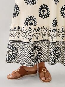 Florisole Women's Vintage Totem Pattern Printed Elastic Waist A-Line Skirt, Summer Fall Cloth For Women - Apricot - View 6