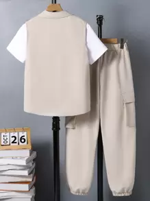 Bộ 3 món áo vest cổ bẻ thường ngày cho bé trai & áo phông tay ngắn & quần túi hộp, quần áo xuân/hè cho bé trai tuổi teen, bộ 2 bộ trang phục 2 món cho bé trai tuổi teen mùa hè - Màu be - Xem 2