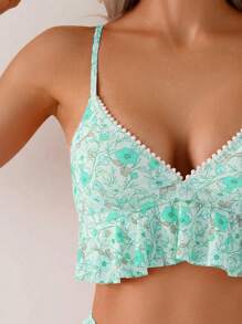 SHEIN Swim Bikini hở lưng hở vai gợi cảm cổ chữ V viền bèo nhún dây mảnh cho nữ - màu xanh lá - Xem 5