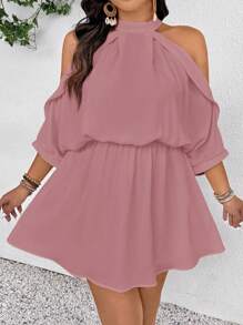 SHEIN Frenchy Plus Size Casual Elegant Open Shoulder A-Line Dress - Pink - View 4