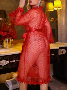 Plus Size Floral Cuff Heart Mesh Sexy Bathrobe
