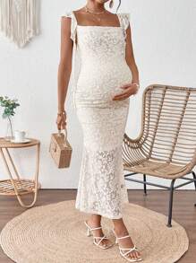 SHEIN Maternity Floral Lace Patchwork Ruffle Hem Fitted Elegant Dress
