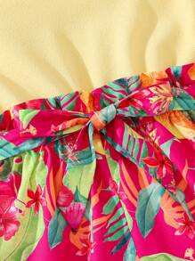SHEIN Tween Girls' Casual Summer Vacation Floral Edge Camisole Patchwork Tropical Plant Floral Print Belted Romper