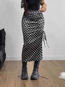Coolane Women's  Fall/Winter Athleisure Slit Slim Checkerboard   Drawstring  Skirt