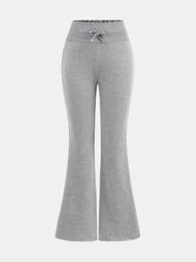 SHEIN Girlism Pantalones acampanados de punto casual para niña preadolescente - Gris - Ver 5