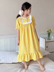 Dazy Kids 青少年女孩秋装，青少年女孩圆领编织格子短袖睡袍家居服，夏季，返校服 - 黃色 - 查看 4