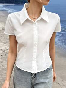SHEIN EZwear Women's Solid Color Short Sleeve Button Front Collared Casual Top, Everyday Wear