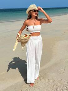Swim Vcay 2pcs Ruffle Halter Crop Top And Wide Leg Pants Solid Beach Holiday Vacation Cover Up Outfit Set For Women For Summer