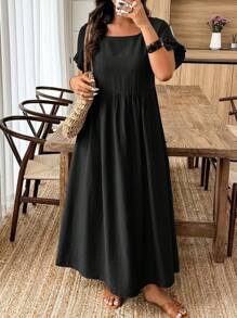 Weeklong Plus Size Women Solid Color Draped Neck Short Sleeve Ruched Ruffle Hem A-Line Dress BASICS - Black - View 3