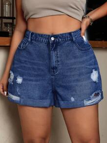 SHEIN EZwear 大码女式口袋破洞休闲百搭牛仔短裤 - 中等水洗藍 - 查看 4