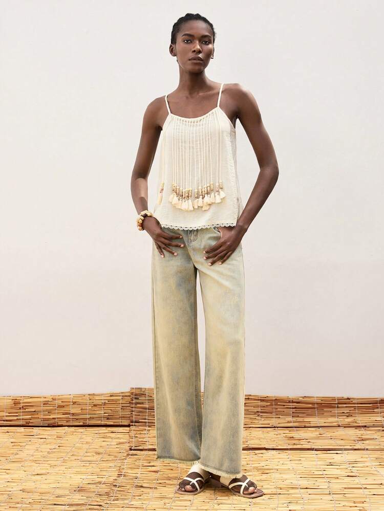 SHEIN Maija Beige Tassels Decor V-Neck Camisole For Women, Comfortable Breathable Casual With Design For Beach Holiday Wear