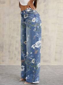 Women's Floral Print Pocket Straight Leg Casual Jeans - Blue - View 3