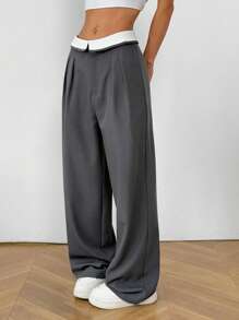 SHEIN EZwear Sommer Büro Vintage Stil Anzughose mit kontrastfarbigem Faltenüberschlag-Taillenbund und Midi-Taille - Grau - Übersicht 4