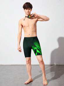 SHEIN 青少年男孩休闲运动几何图案印花紧身中长泳裤 - 綠色 - 查看 6