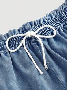 SHEIN MOD Plus Size Blue Elastic Waist Embroidered Denim Shorts - Light Wash - View 3