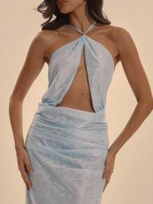 MUSERA Halterneck Cut Out Ruched Waist Floral Satin Fitted Maxi Dress Spring Summer Vacation Elegant Prom Graduation Long Dress - Blue - View 5