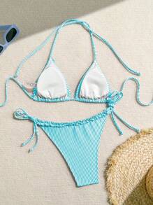 Swim Mod Women's Vacation Stripe Nautical Style Patchwork Frill Trim Tie-Up Bikini Set For Summer - Mint Blue - View 4