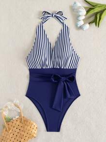 SHEIN Swim 女士海滩夏季装连体泳衣，蓝白条纹和纯色拼接，吊带 V 领，系带 - 藍白色 - 查看 7