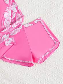 Tween Girl Tropical Plant Print Raglan Sleeve One Piece Swimsuit With Shorts - Multicolor - View 5