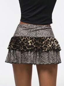 Easelle Summer Simple Vintage Hippie Leopard Print Knitted Pleated Women Mini Skirt, Fashionable And Suitable For Music Festival - Multicolor - View 4